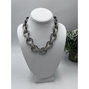 Banana Republic Silver Tone Link‎ Necklace With Beige Leather Links Toggle Clasp